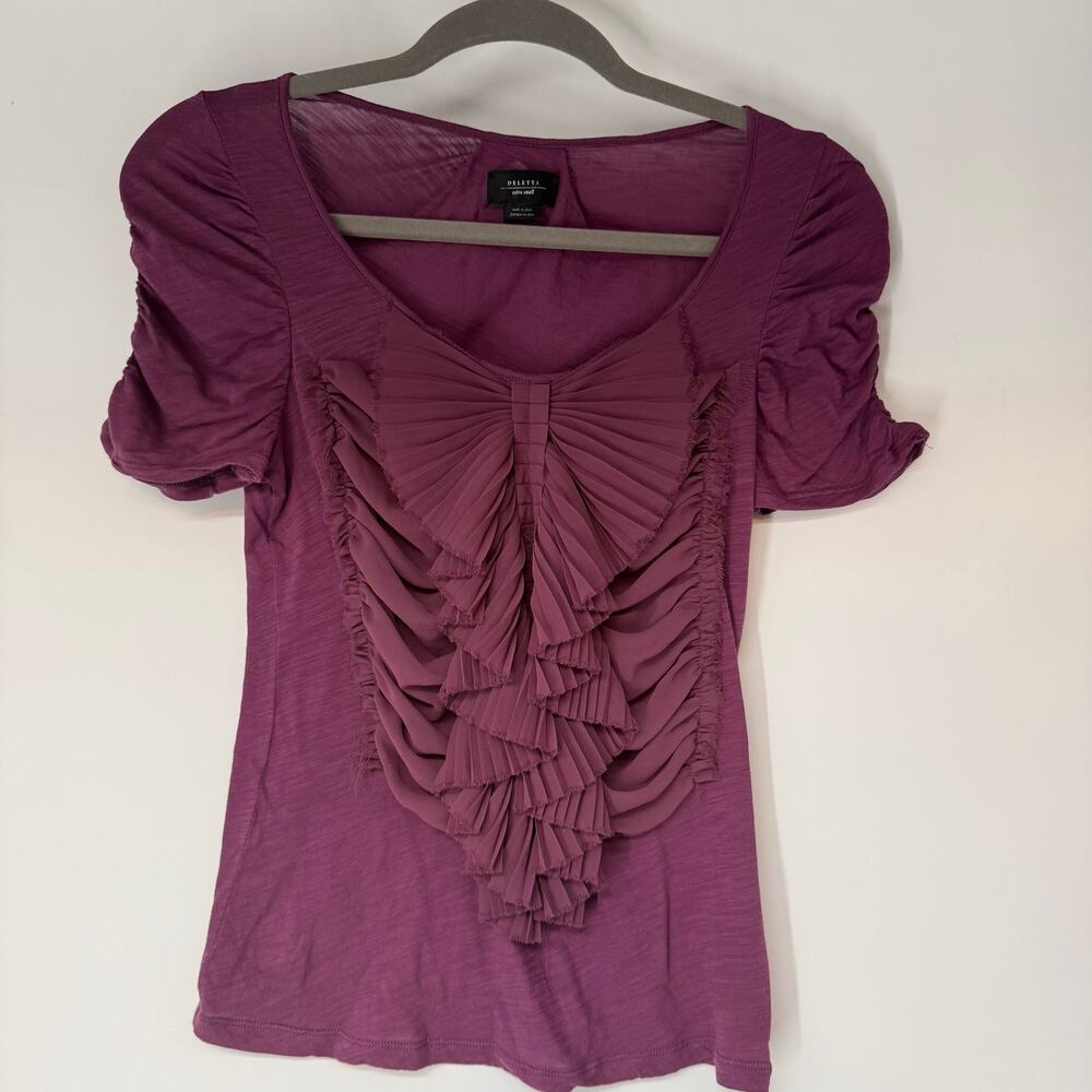 Deletta Chiffon Puff Sleeve Blouse Womens XSmall Wine Burgundy Pleated Ruched